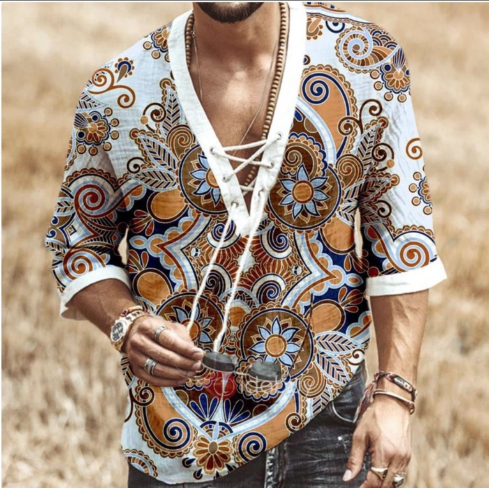 Casual Tribal Print Lace Up V Neck Half Sleeve Loose Shirt