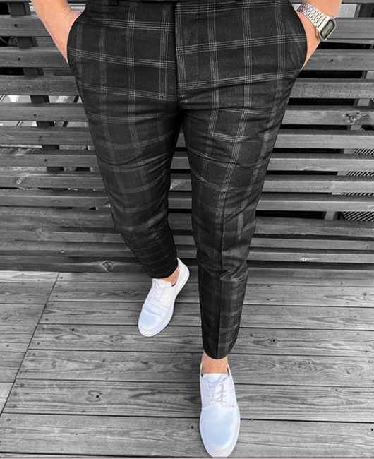 Business Plaid Print Pocket Straight Pencil Pants