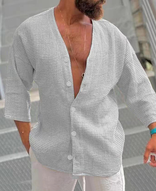 Casual Plain Waffle V-Neck 3/4 Sleeve Loose Button Shirt
